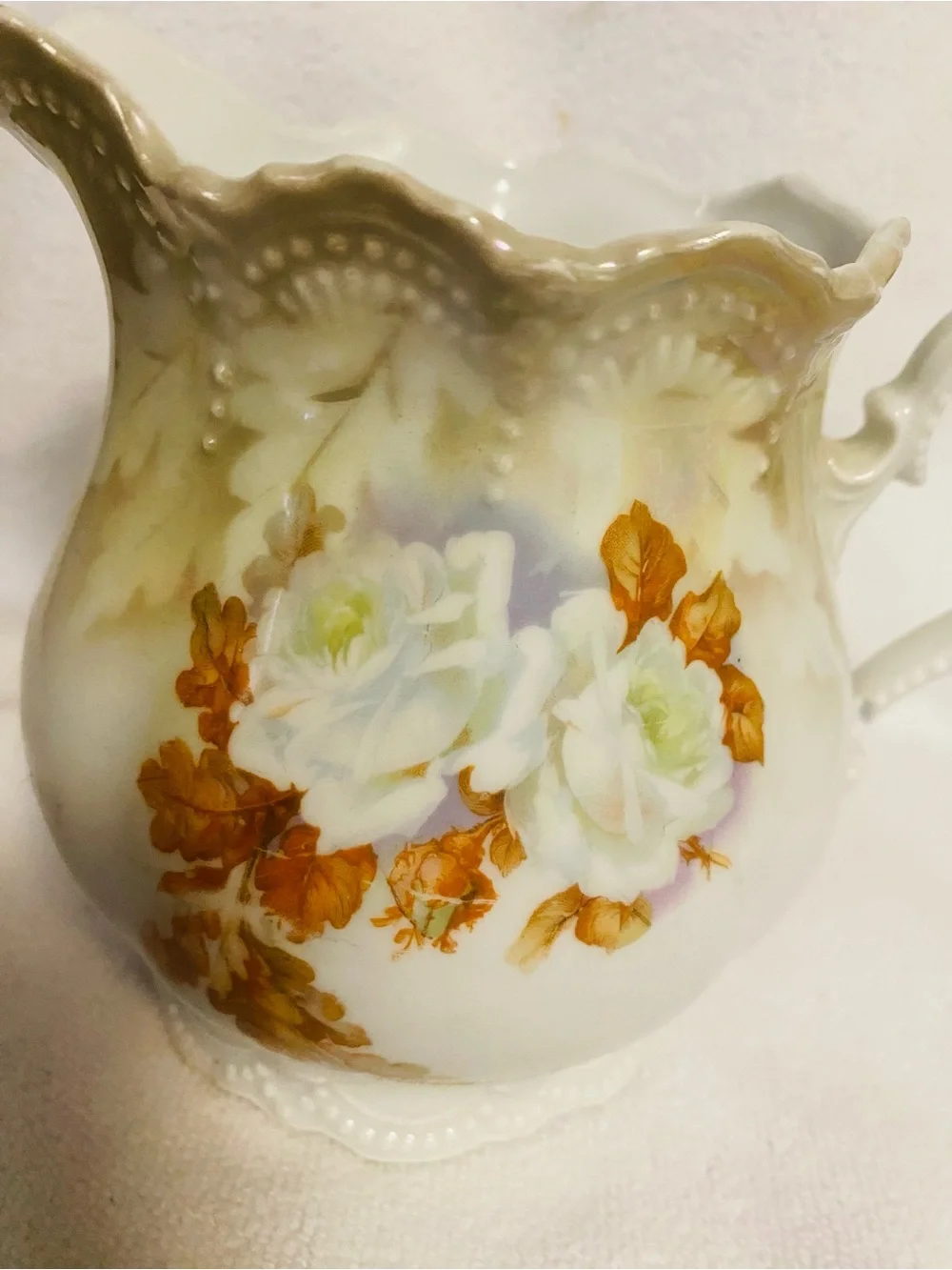 VNTG Leuchtenburg Germany Porcelain Cream Floral Pitcher Lusterware